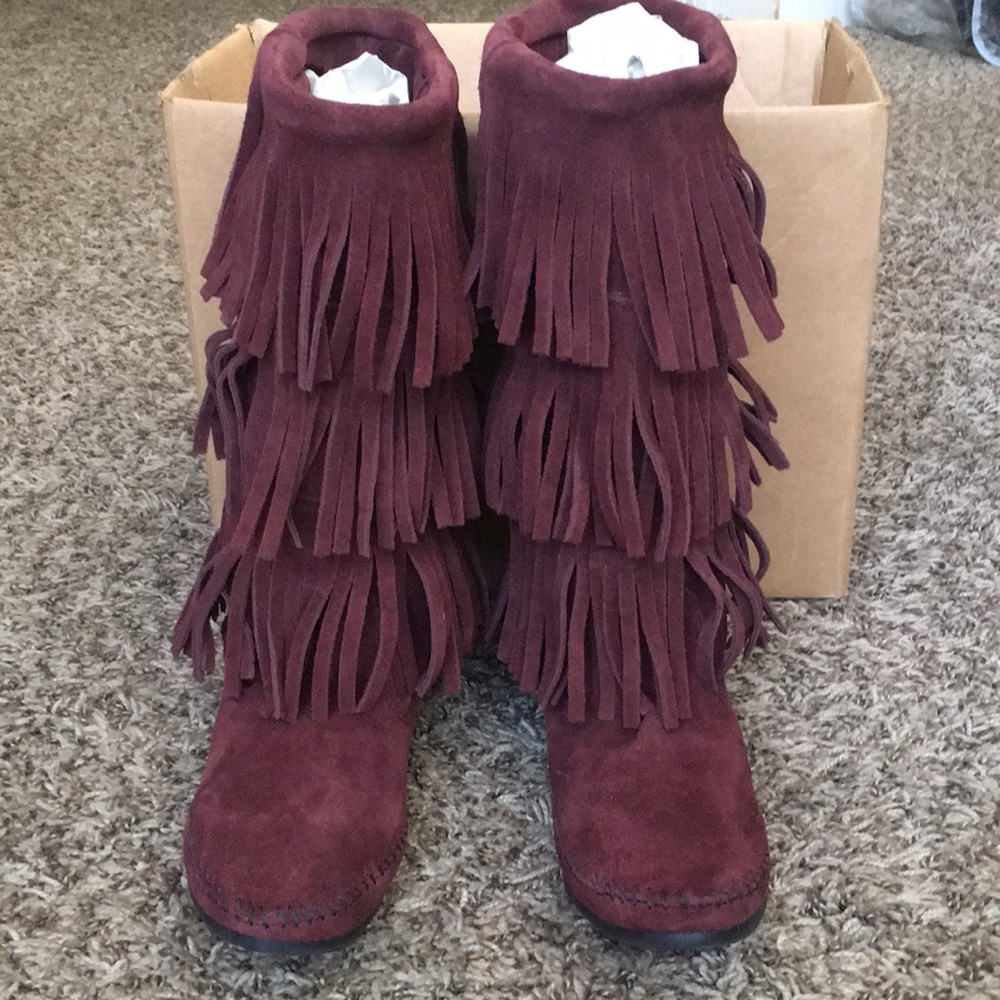 SOLD!! Minnetonka Triple-Tier Suede Mid Calf Boots